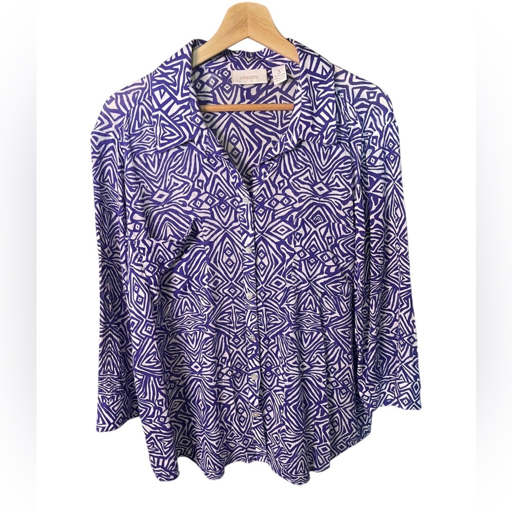 Chico's Women Button Up Shirt Purple White Geometric Collared Size 3 US XL 16/18